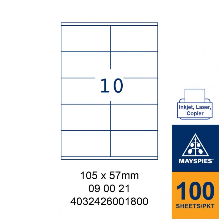 MAYSPIES 09 00 21 LABEL FOR INKJET / LASER / COPIER 100 SHEETS/PKT WHITE  105X57MM